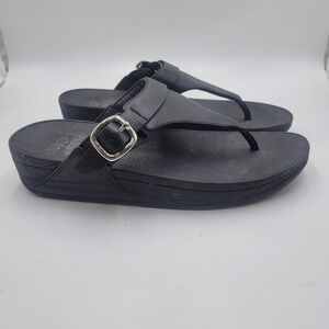 FitFlop Lulu Adjustable Buckle Leather Toe-Post Sandals Black Womens Size 10
